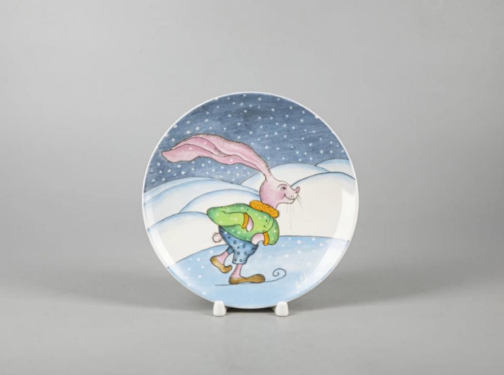 Подарочный набор тарелка декоративная 195 мм форма Эллипс рисунок Зима. Заяц