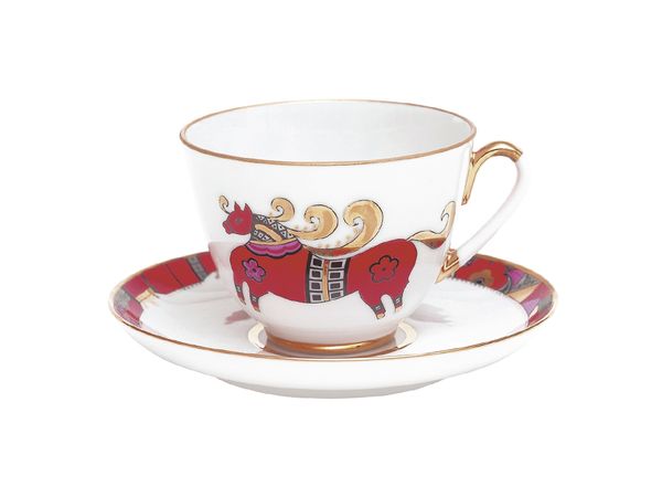 Чашка с блюдцем чайная форма Весенняя рисунок Красный конь