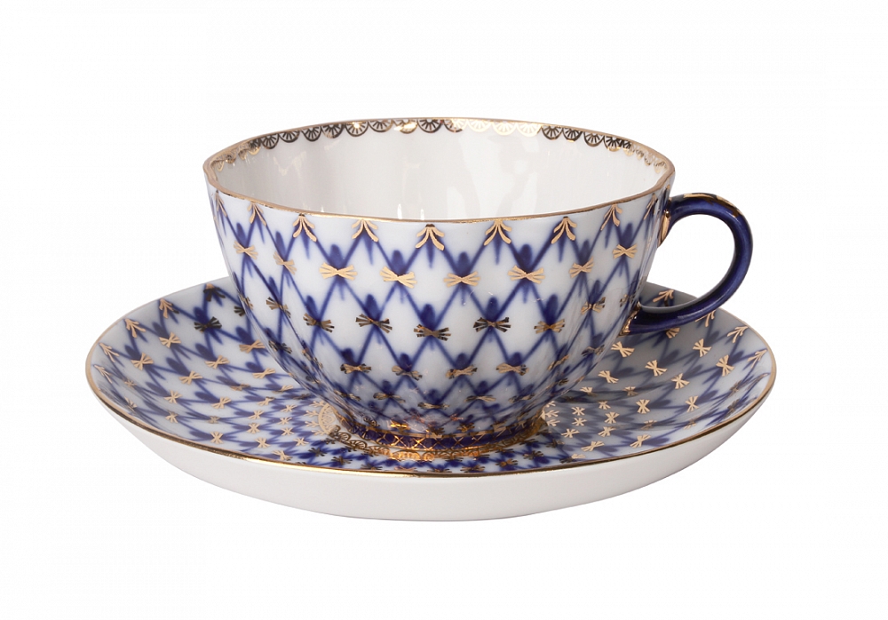Чашка с блюдцем чайная форма Тюльпан рисунок Кобальтовая сетка