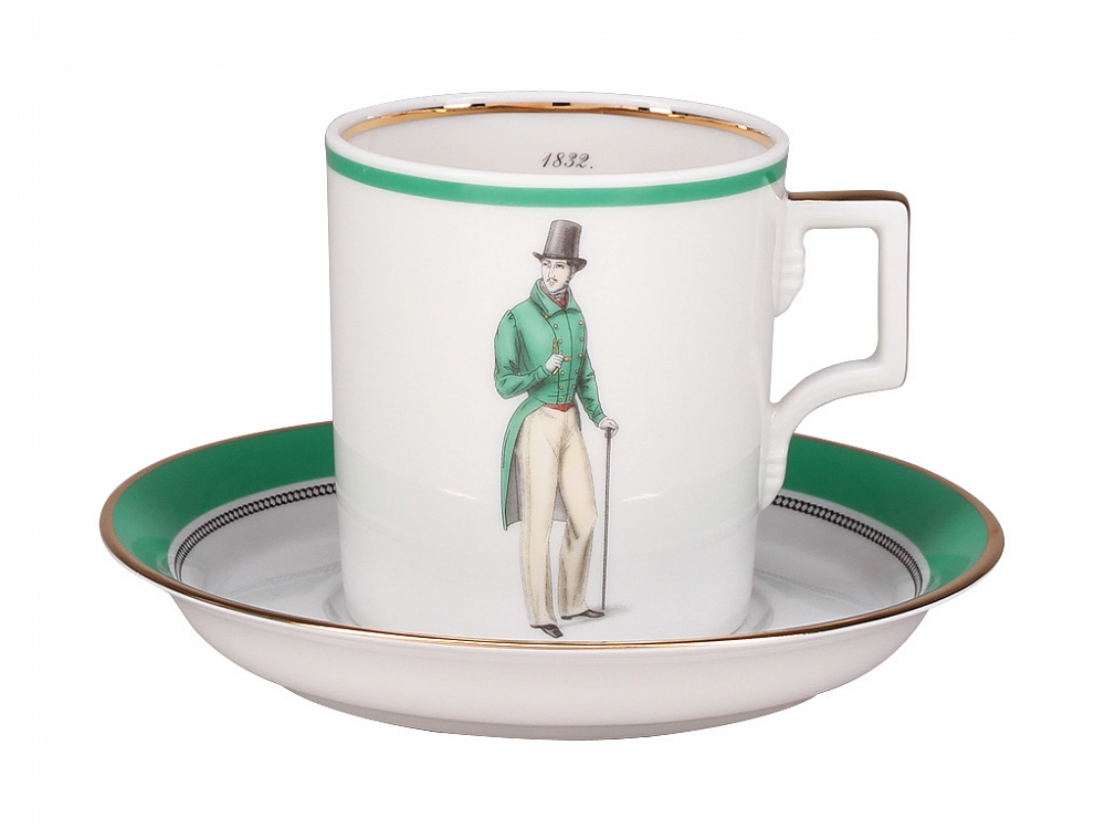 Подарочный набор чашка с блюдцем форма Гербовая рисунок Modes de Paris (зеленый)