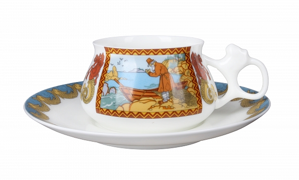Чашка с блюдцем кофейная форма Билибина рисунок Сказка о рыбаке и рыбке 