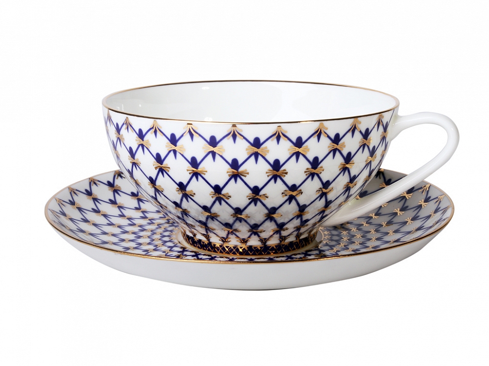 Чашка с блюдцем чайная форма Купольная рисунок Кобальтовая сетка
