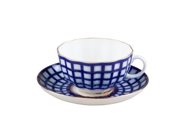 Чашка с блюдцем чайная форма Тюльпан рисунок Кобальтовая клетка
