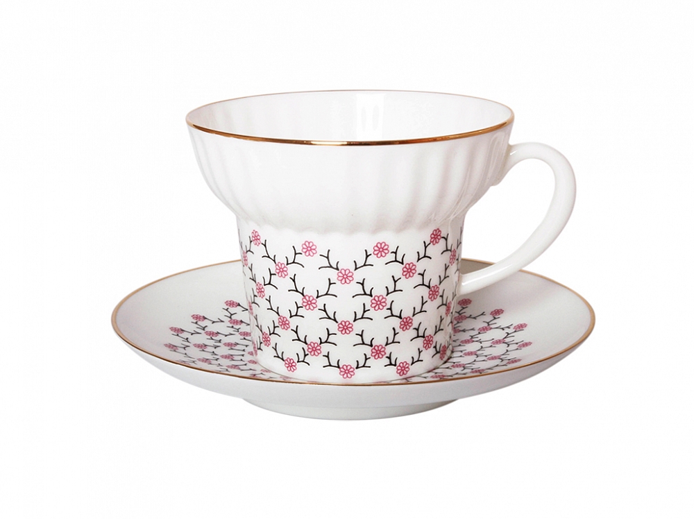 Чашка с блюдцем форма Волна рисунок Розовая сетка
