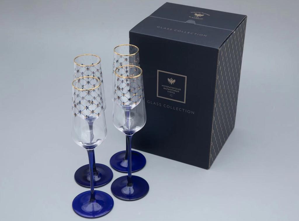 Набор из 4-х бокалов для шампанского Кобальтовая сетка 200 мл