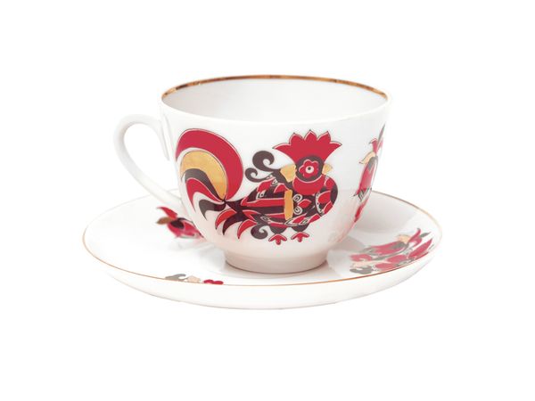 Чашка с блюдцем чайная форма Весенняя рисунок Красные петушки 