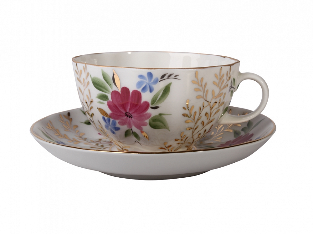Чашка с блюдцем чайная форма Тюльпан рисунок Золотые травки