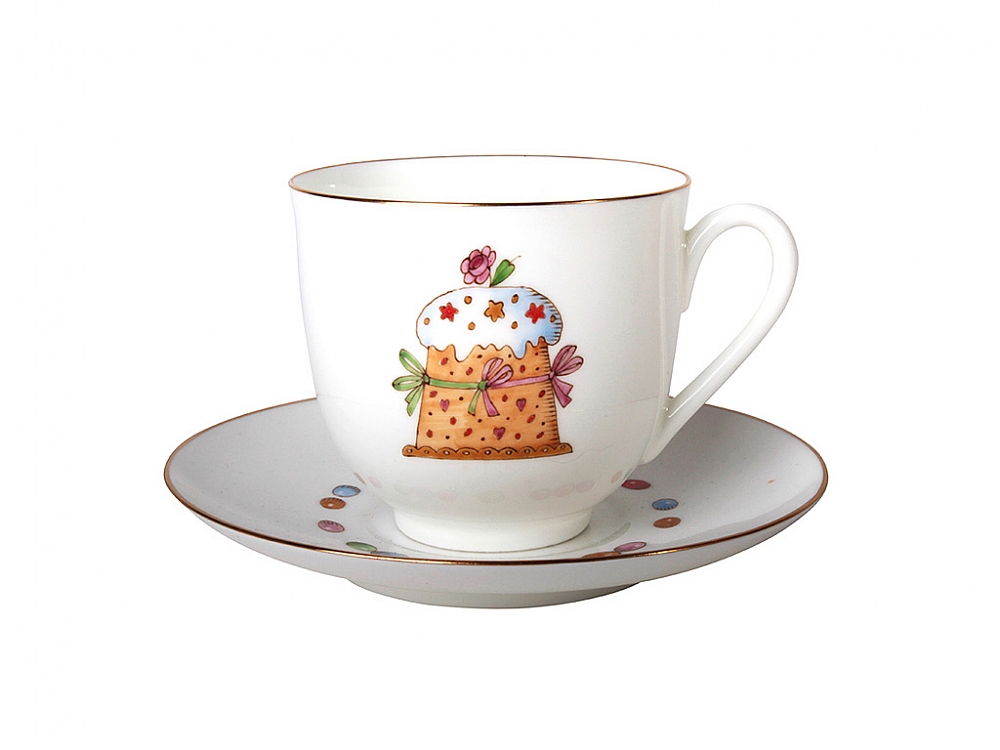 Чашка с блюдцем кофейная форма Ландыш рисунок Пасха и Кулич