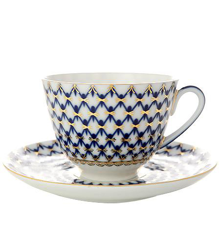 Чашка с блюдцем чайная форма Весенняя рисунок Кобальтовая сетка