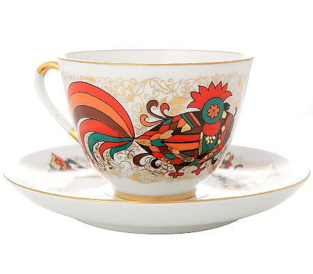Чашка с блюдцем чайная форма Весенняя рисунок Красный петух 
