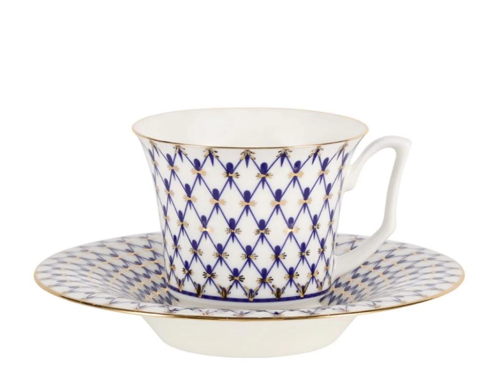 Чашка с блюдцем чайная форма Юлия рисунок Кобальтовая сетка