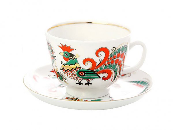 Чашка с блюдцем чайная форма Подарочная рисунок Два петуха