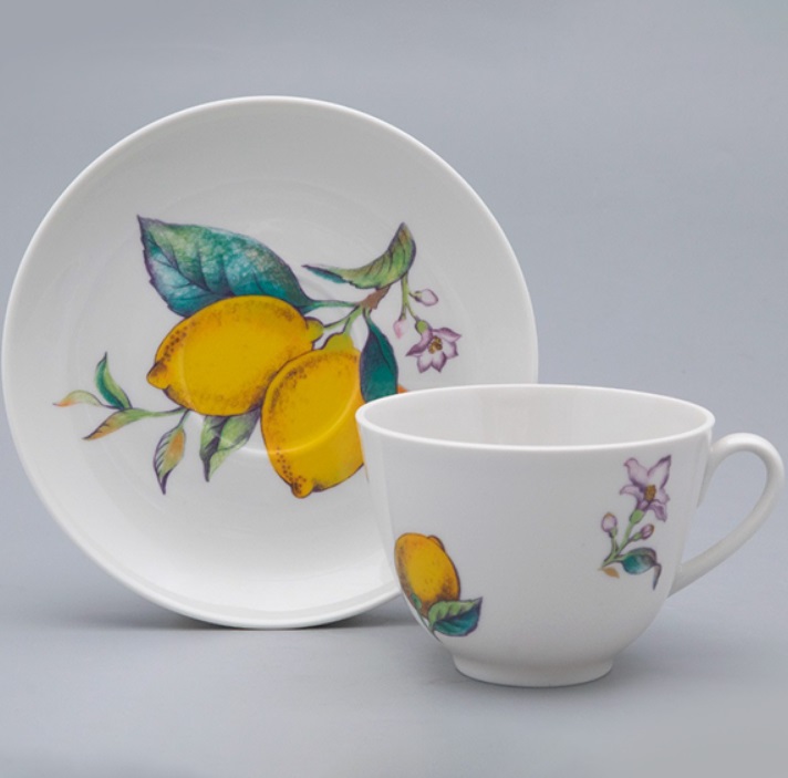 Чашка с блюдцем чайная форма Весенняя рисунок Лимоны  