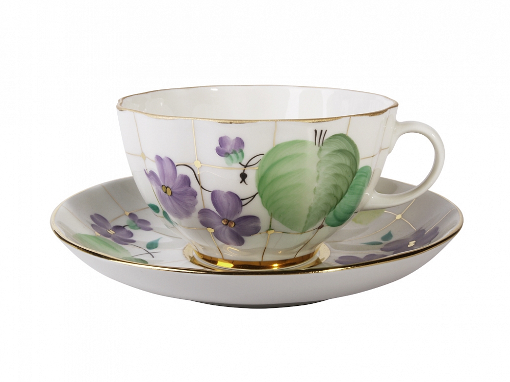 Чашка с блюдцем чайная форма Тюльпан рисунок Лесная фиалка