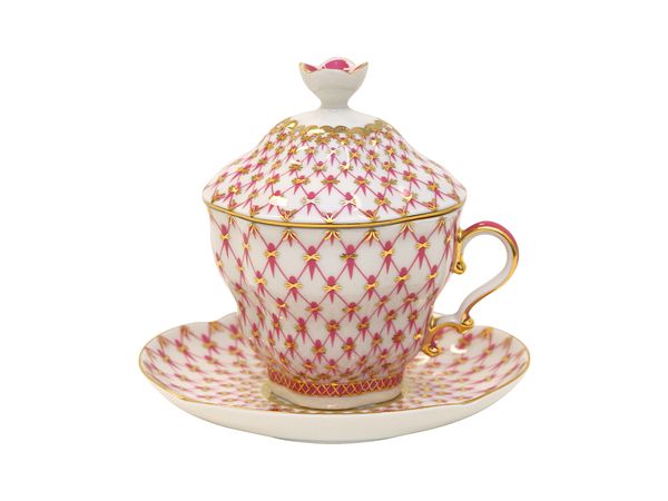 Чашка с блюдцем и с крышкой чайная форма Подарочная-2 рисунок Сетка-Блюз 
