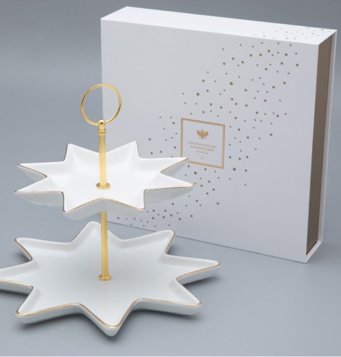 Этажерка 2-х ярусная форма Звезда рисунок Золотая лента в подарочной коробке