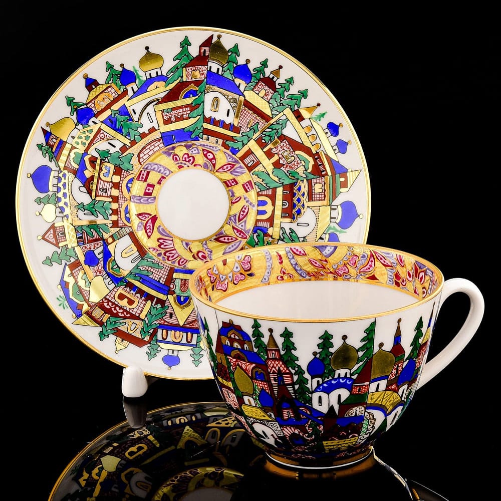 Чашка с блюдцем чайная форма Весенняя рисунок Русская фантазия