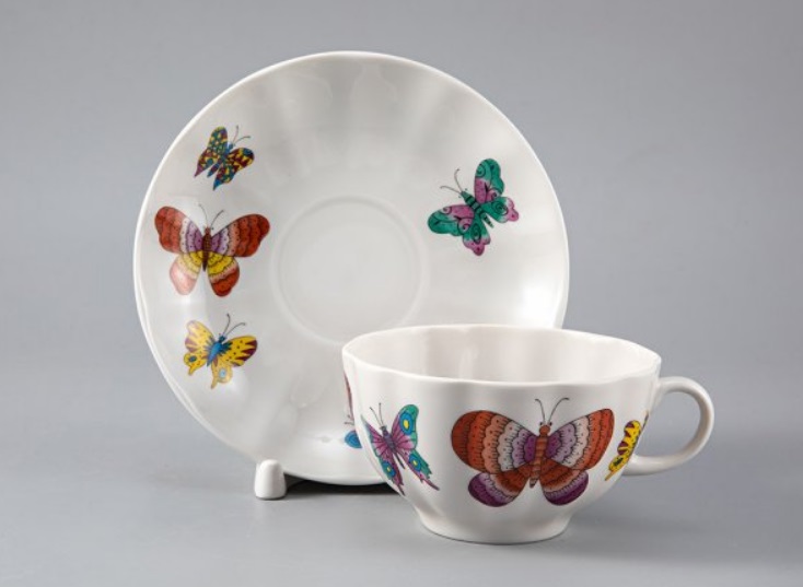 Чашка с блюдцем чайная форма Тюльпан рисунок Шафрановые бабочки