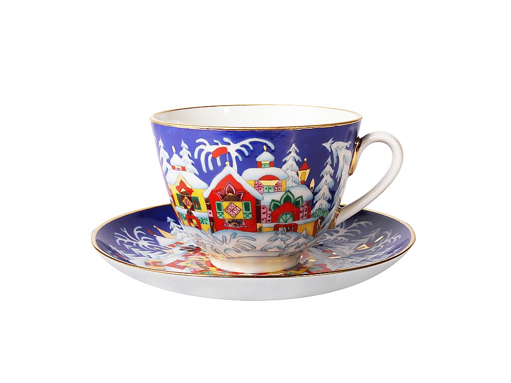 Чашка с блюдцем чайная форма Весенняя рисунок Зимняя сказка