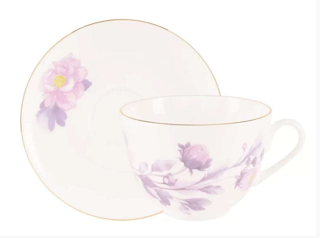 Чашка с блюдцем чайная форма Весенняя-2 рисунок Нежный пион (сиреневый)