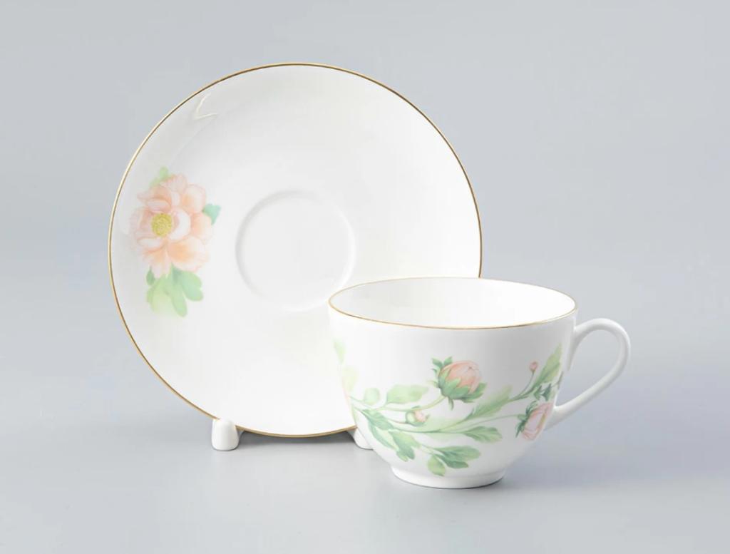 Чашка с блюдцем чайная форма Весенняя-2 рисунок Нежный пион (зеленый)  