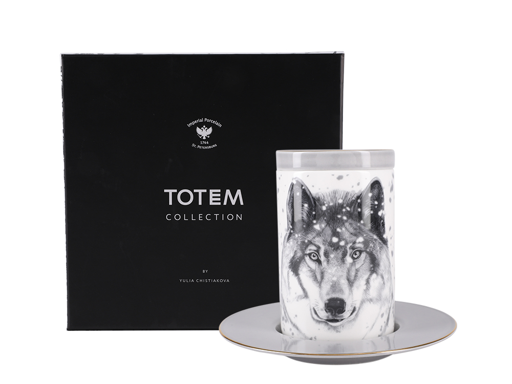 Подарочный набор (бокал с блюдцем и крышкой ) рисунок Тотем. Волк 