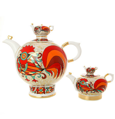 Комплект чайников форма Семейный рисунок Красный петух 