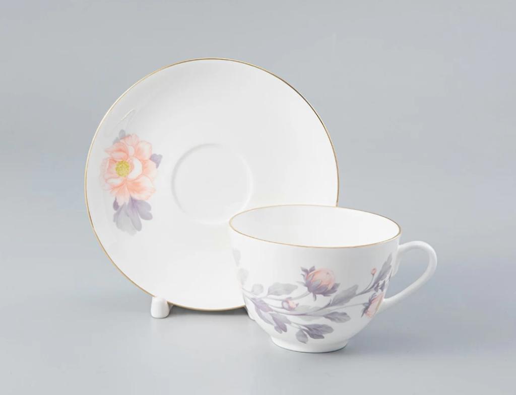 Чашка с блюдцем чайная форма Весенняя-2 рисунок Нежный пион (серый)