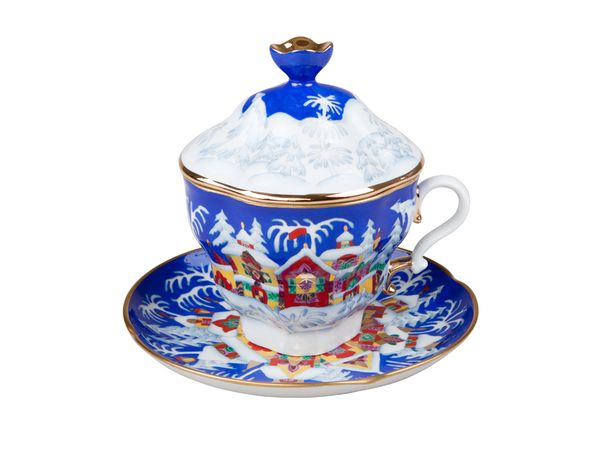 Чашка с блюдцем и с крышкой чайная форма Подарочная-2 рисунок Зимняя сказка 