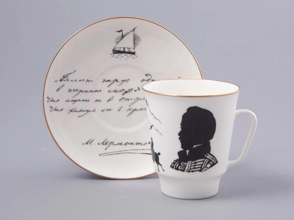 Чашка с блюдцем кофейная форма Майская рисунок Русские писатели. Лермонтов 