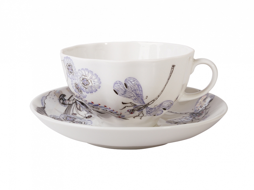 Чашка с блюдцем чайная форма Тюльпан рисунок Шепот стрекозы