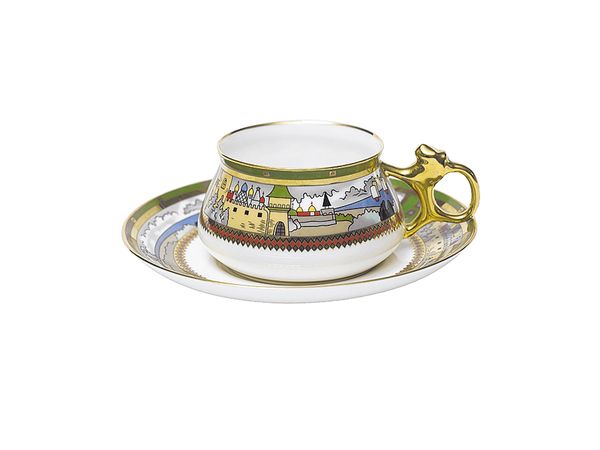 Чашка с блюдцем кофейная форма Билибина рисунок Деревня на озере 