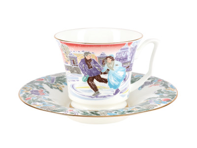 Чашка с блюдцем чайная форма Юлия рисунок Серебряные коньки №4