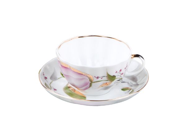 Чашка с блюдцем чайная форма Тюльпан рисунок Розовые тюльпаны